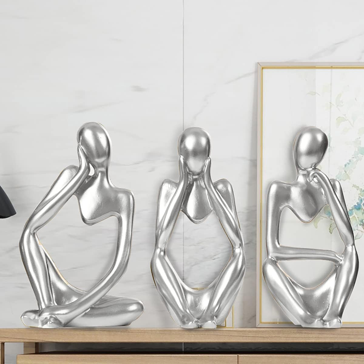 Silver Sculpture 3 Pcs Thinker Statue Set Abstract Sculptures Home Decor Modern Small Silver Statues Decor Accents for Bookshelf Coffee Table Shelf Desktop Office Decor Collectible Figurines Decor